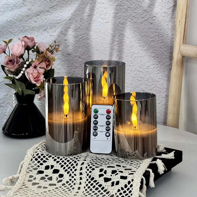 Lot de 3 bougies LED sans flamme | Ensemble de piliers gris réglable avec télécommande & mèche 3D réaliste