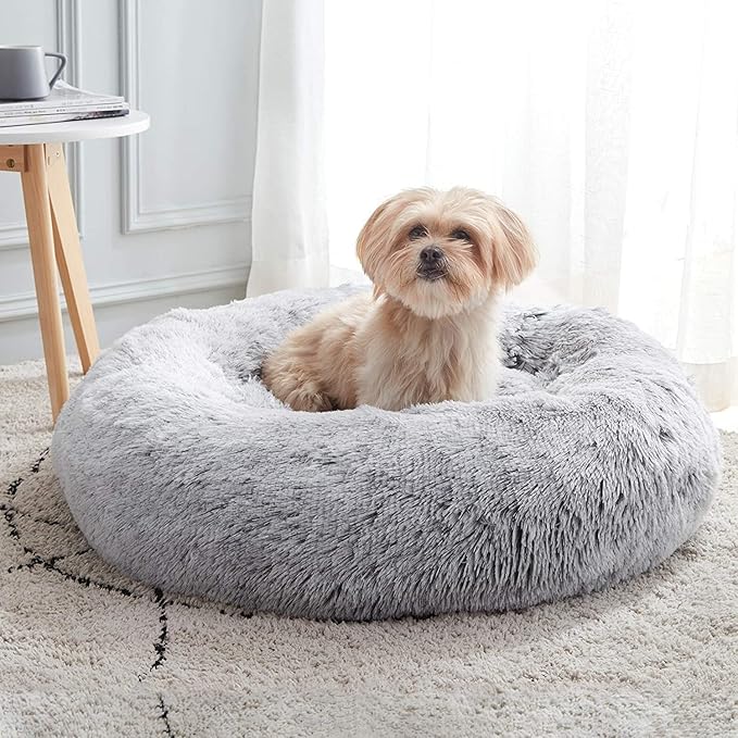 Panier pour animaux en forme de donut apaisant | Panier pour chiens et chats en fausse fourrure lavable