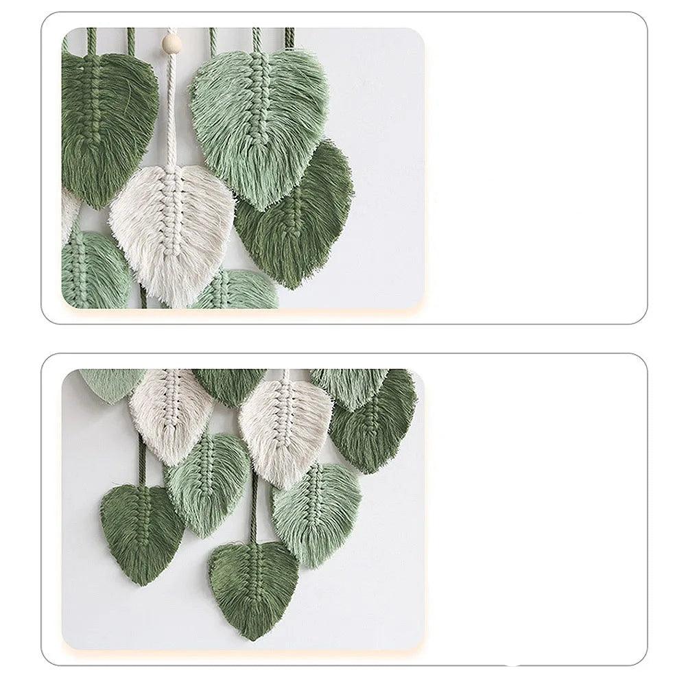 Tenture murale en macramé feuille - décoration de chambre bohème, tapis mural tissé esthétique pour maison, chambre et décoration de mariage en vert