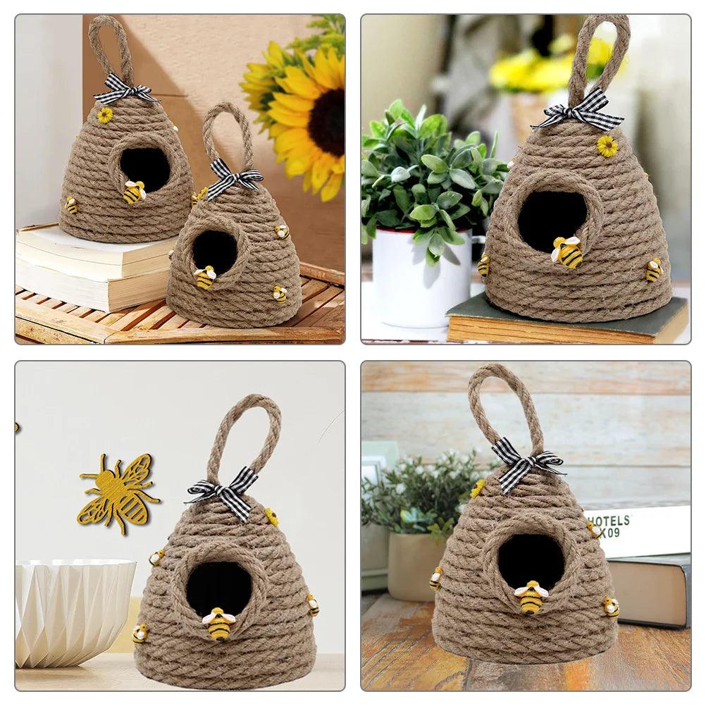 Suspension en forme de nid d'abeille tissée en corde créative - Décoration de balcon et de chambre pour festival des abeilles, décoration de paille de café en ruche