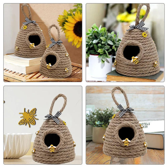 Suspension en forme de nid d'abeille tissée en corde créative - Décoration de balcon et de chambre pour festival des abeilles, décoration de paille de café en ruche