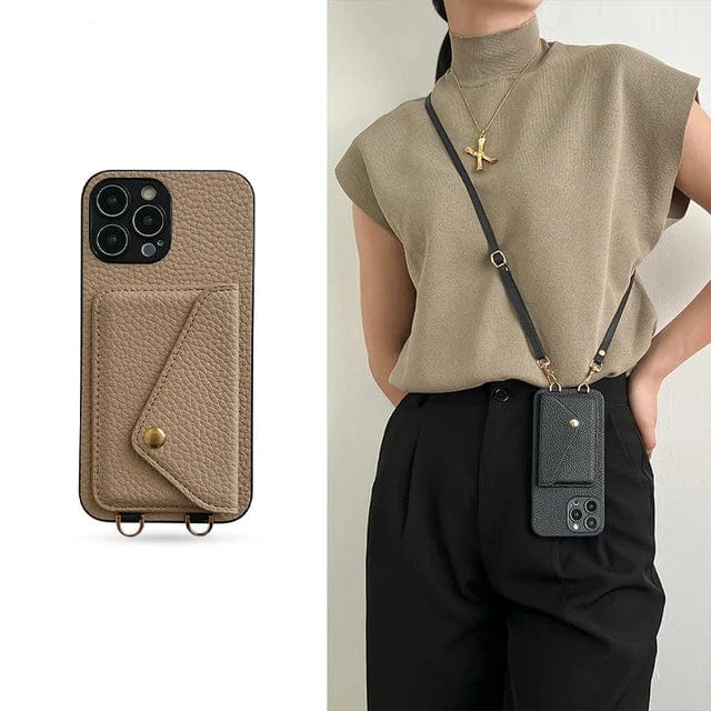 Étui de téléphone bandoulière en cuir avec cordon porte-clés et porte-cartes