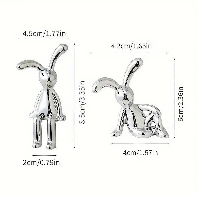 Set of Two Modern Silver-Colored Resin Rabbit Figurines