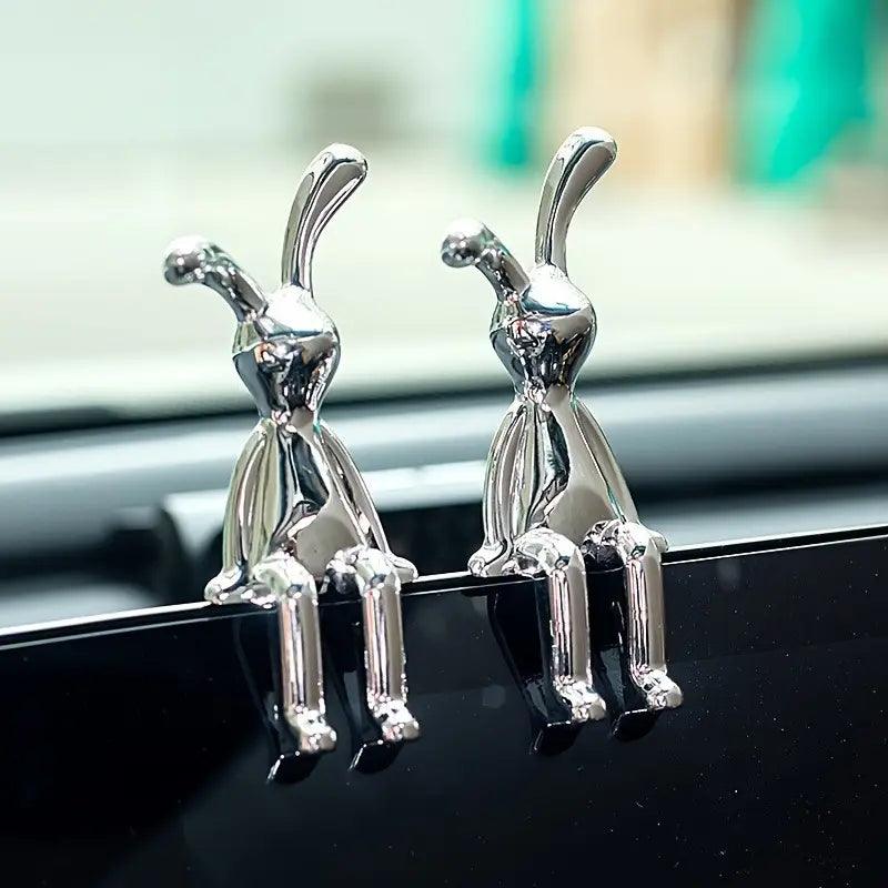Set of Two Modern Silver-Colored Resin Rabbit Figurines