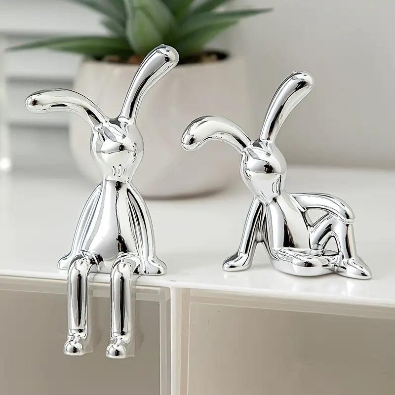 Set of Two Modern Silver-Colored Resin Rabbit Figurines