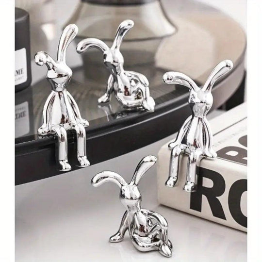 Set of Two Modern Silver-Colored Resin Rabbit Figurines