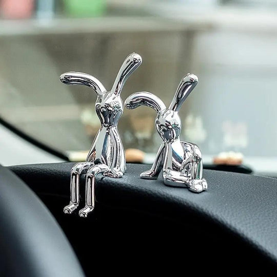 Set of Two Modern Silver-Colored Resin Rabbit Figurines