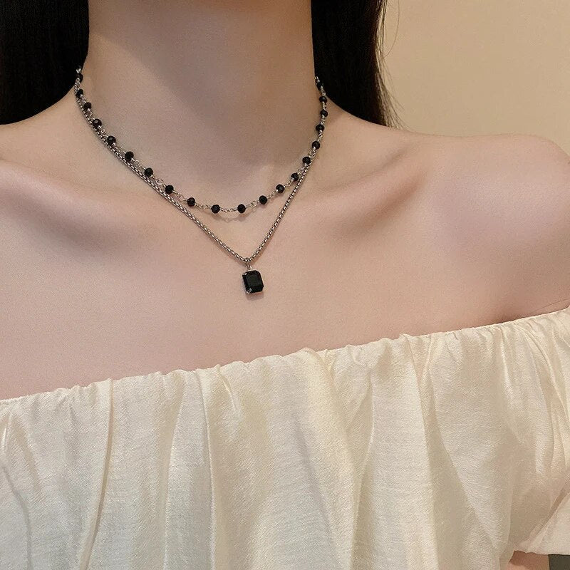 Collana Doppia Argento con Perle Nere