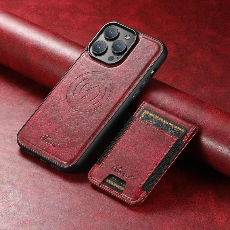 Leren etui voor Iphone met kaartsleuf: Magsafe, draadloos opladen (compatibel met Magsafe)