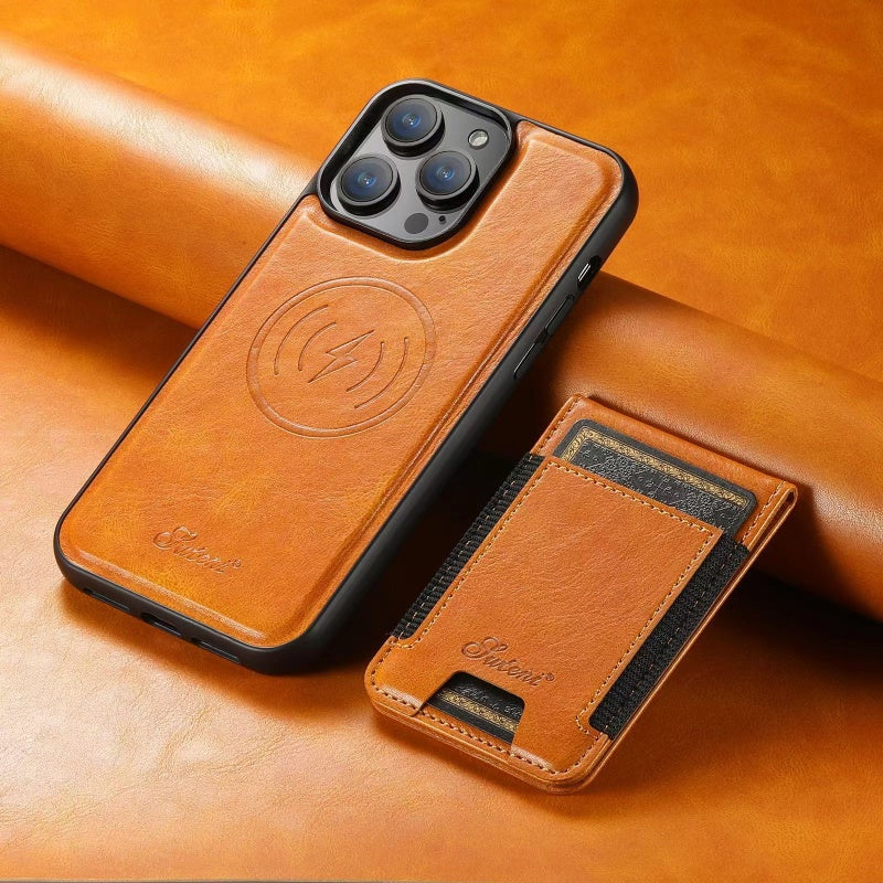 Leren etui voor Iphone met kaartsleuf: Magsafe, draadloos opladen (compatibel met Magsafe)