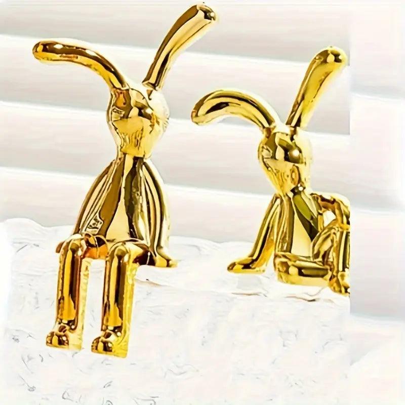 Set of Two Modern Silver-Colored Resin Rabbit Figurines