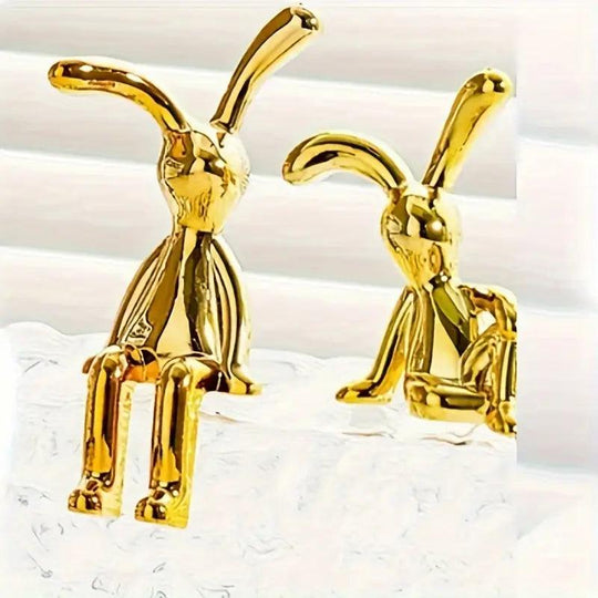 Set of Two Modern Silver-Colored Resin Rabbit Figurines