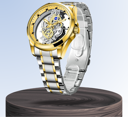 Skeleton Dial Analoog Horloge voor Heren | Bimetalen RVS Band 42mm