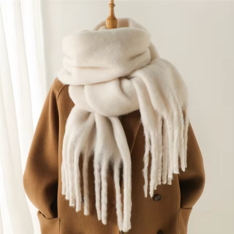 Oversized Scarf with Fringes for Women | Thick Knitted Winter Shawl