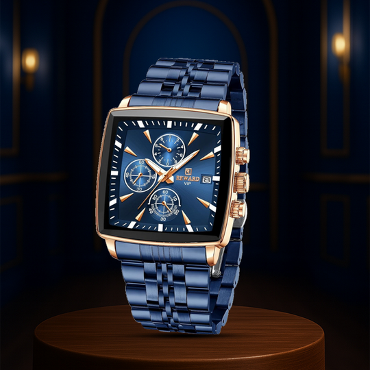 Rechthoekig Chronograaf Horloge voor Heren | Blauwe Wijzerplaat Roségoud 47mm