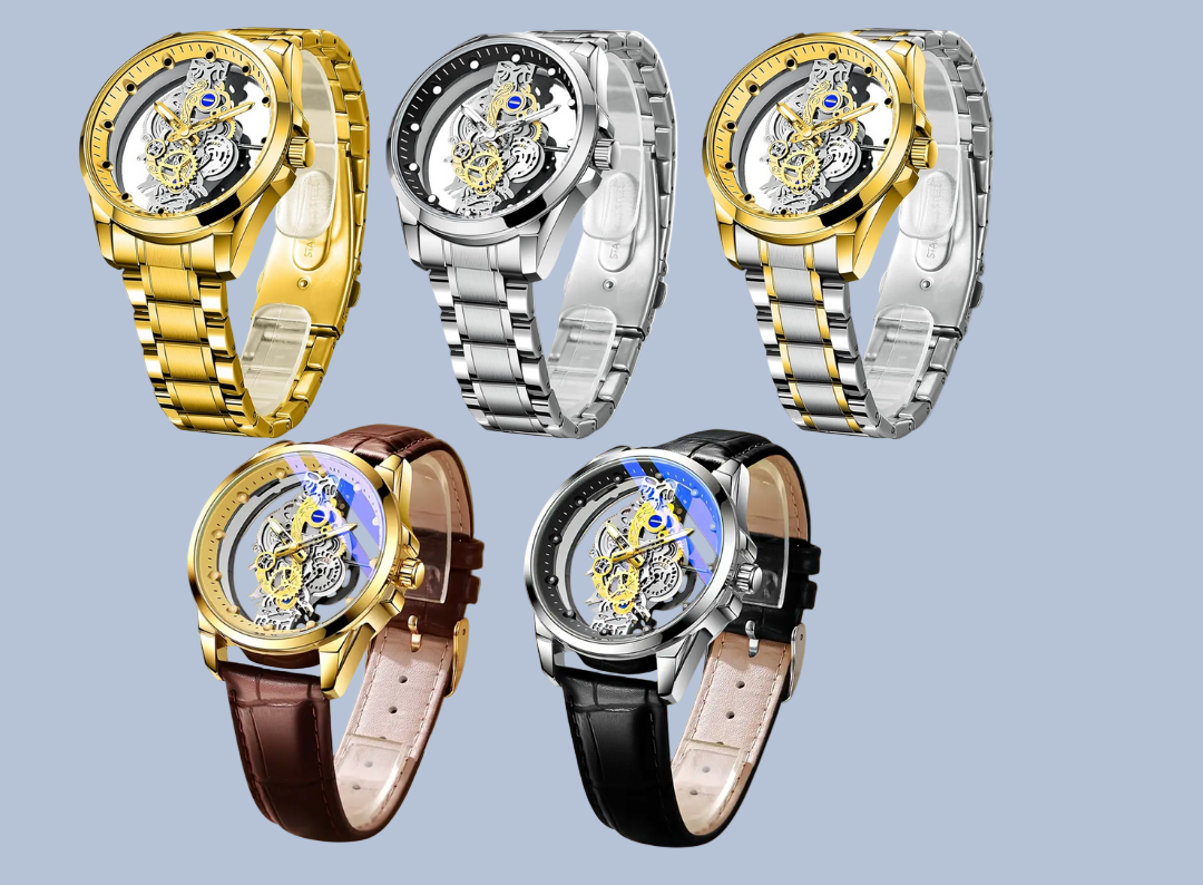 Skeleton Dial Analoog Horloge voor Heren | Bimetalen RVS Band 42mm