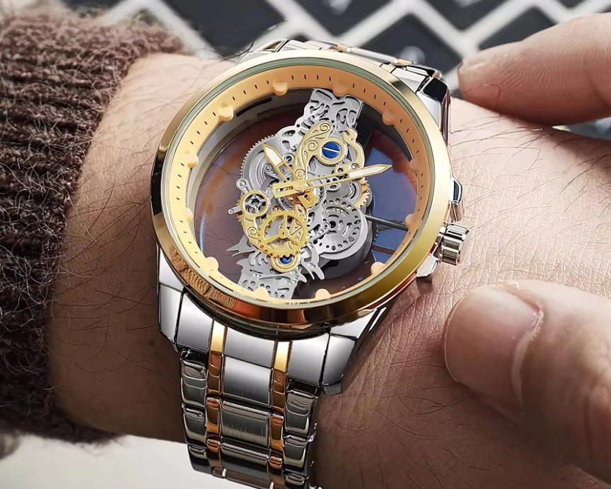 Skeleton Dial Analoog Horloge voor Heren | Bimetalen RVS Band 42mm