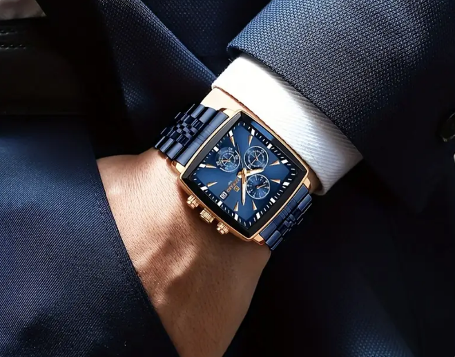 Rechthoekig Chronograaf Horloge voor Heren | Blauwe Wijzerplaat Roségoud 47mm