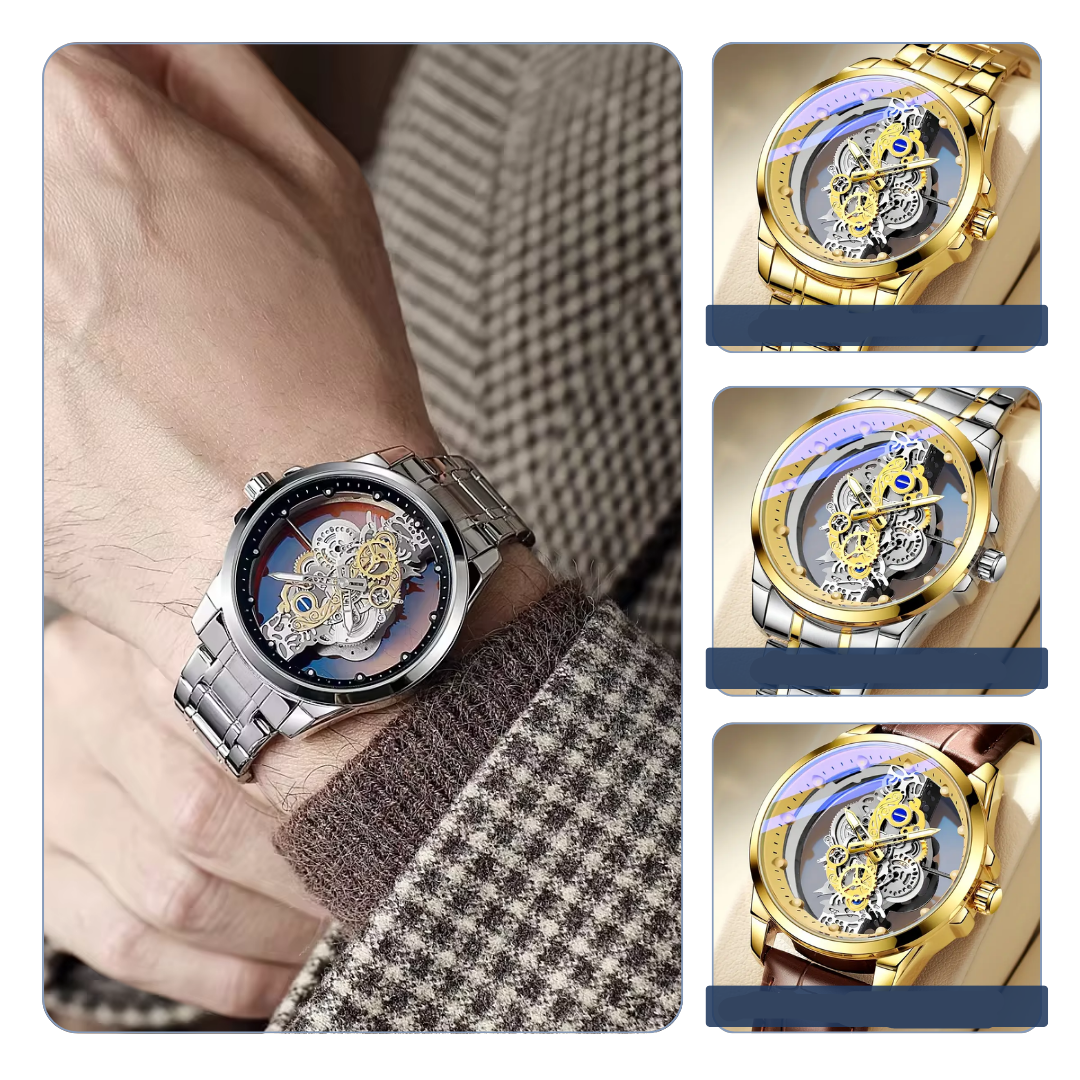 Skeleton Dial Analoog Horloge voor Heren | Bimetalen RVS Band 42mm