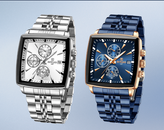 Rechthoekig Chronograaf Horloge voor Heren | Blauwe Wijzerplaat Roségoud 47mm