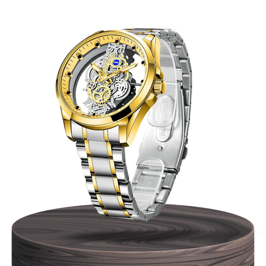 Skeleton Dial Analoog Horloge voor Heren | Bimetalen RVS Band 42mm