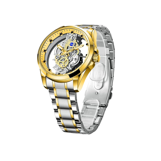 Skeleton Dial Analoog Horloge voor Heren | Bimetalen RVS Band 42mm