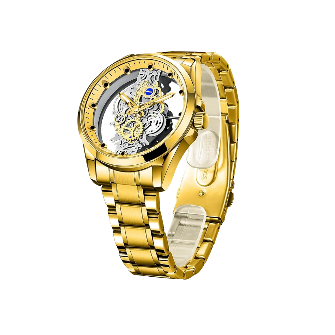 Skeleton Dial Analoog Horloge voor Heren | Bimetalen RVS Band 42mm