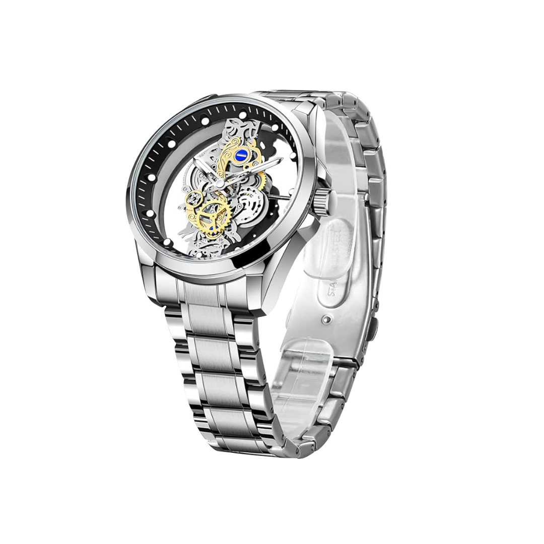 Skeleton Dial Analoog Horloge voor Heren | Bimetalen RVS Band 42mm