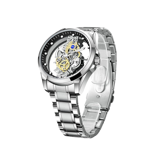 Skeleton Dial Analoog Horloge voor Heren | Bimetalen RVS Band 42mm