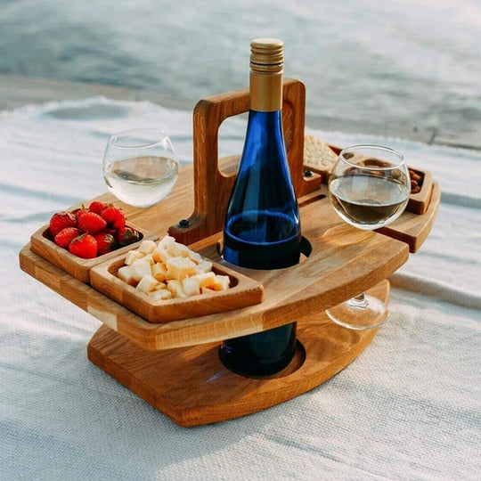 Portable wooden picnic wine table | Foldable wine and snack holder for outdoors