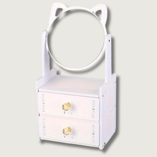 Schattige Kattenoor Make-up Spiegel met Opberglades | Tafelmodel Kaptafel Organisator