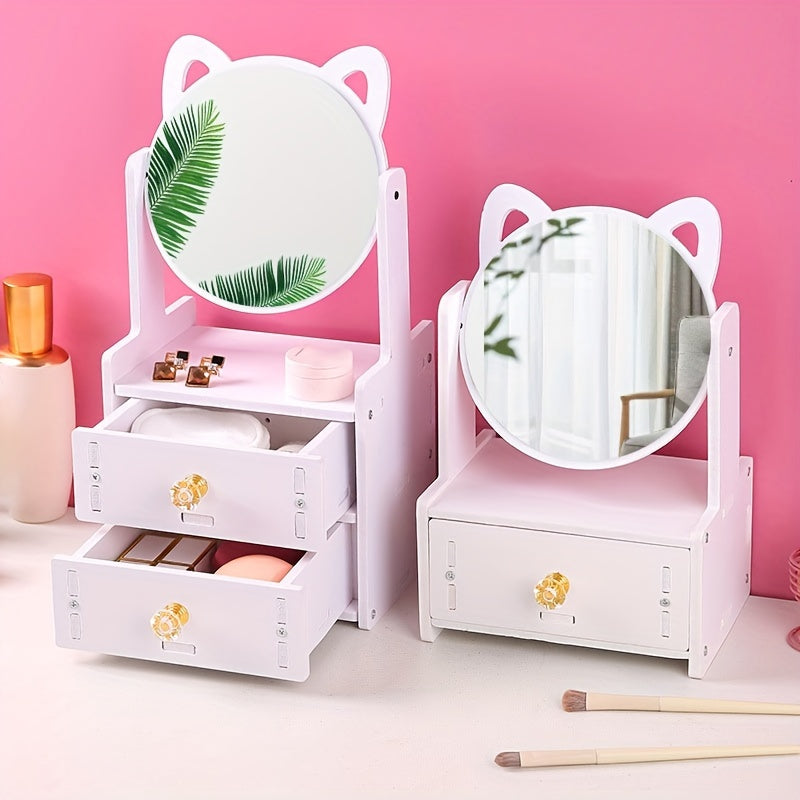Schattige Kattenoor Make-up Spiegel met Opberglades | Tafelmodel Kaptafel Organisator