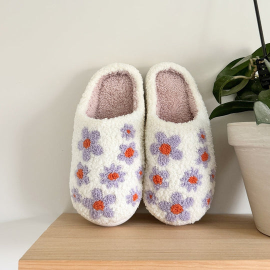 Paarse Bloemen Patroon Pantoffels | Warme Instap Binnen Huisschoenen