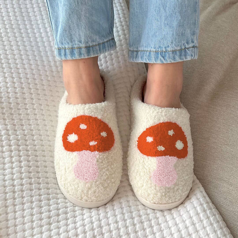 Warme Binnenschoenen | Pantoffels met Hartjes en Paddenstoelen Patroon