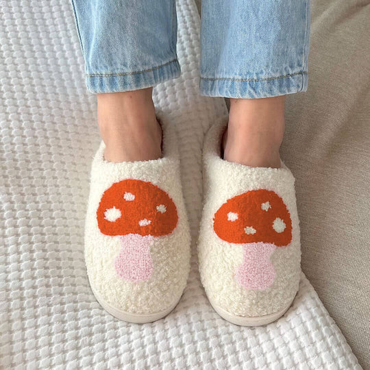 Warme Binnenschoenen | Pantoffels met Hartjes en Paddenstoelen Patroon