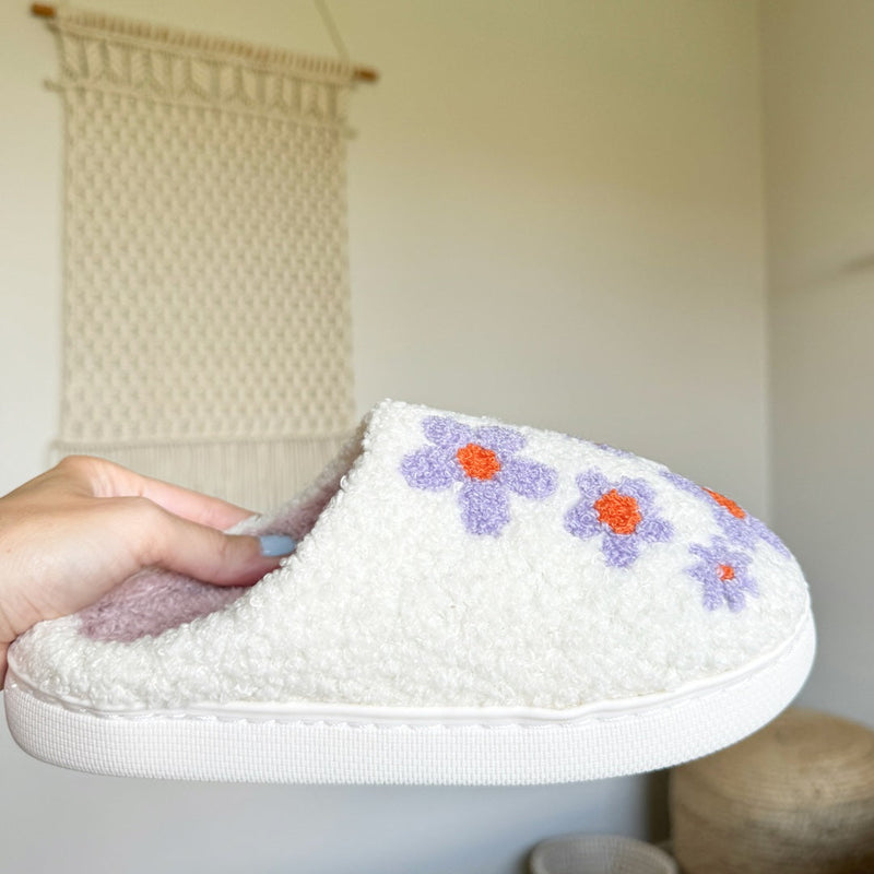 Paarse Bloemen Patroon Pantoffels | Warme Instap Binnen Huisschoenen