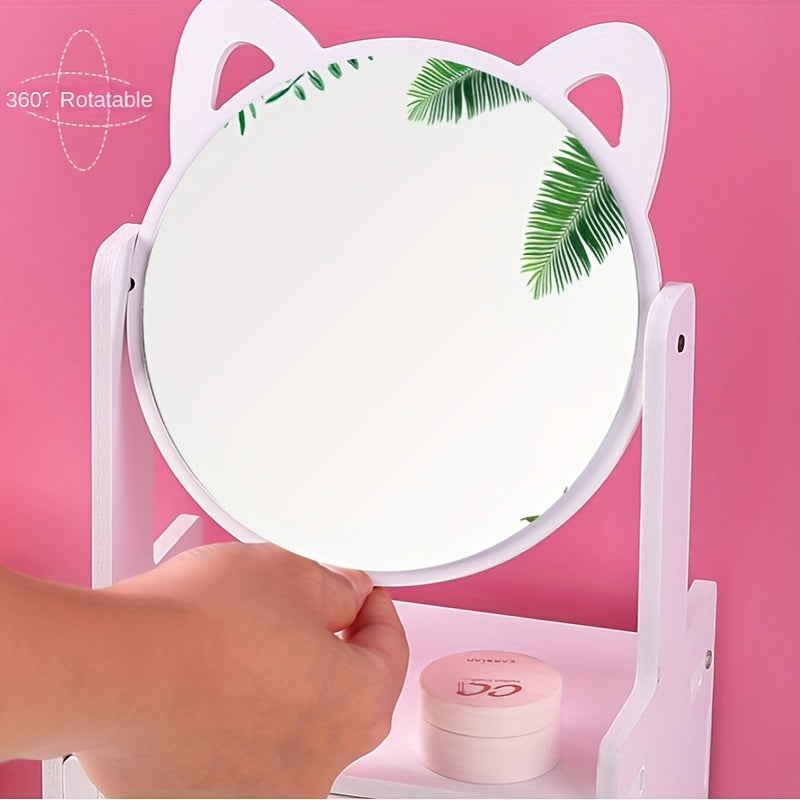 Schattige Kattenoor Make-up Spiegel met Opberglades | Tafelmodel Kaptafel Organisator