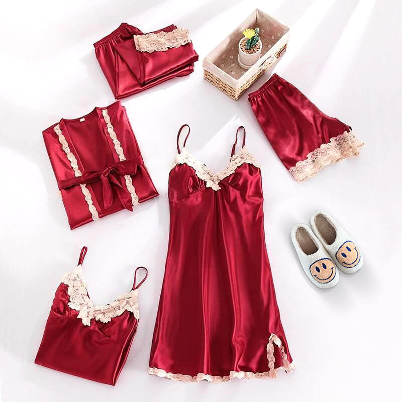 3-Delige Nachtkleding Stel in | Elegante Kanten Top, Korte Broek en Ochtendjas
