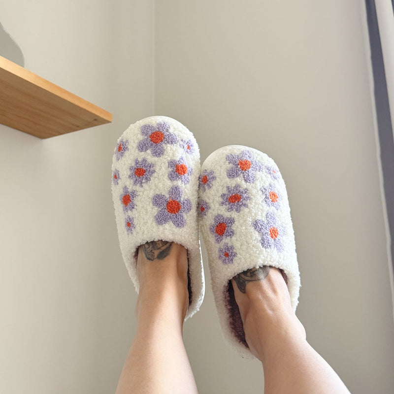 Paarse Bloemen Patroon Pantoffels | Warme Instap Binnen Huisschoenen