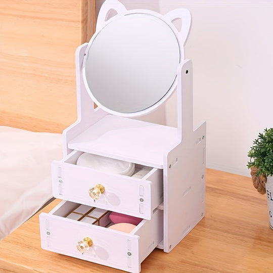 Schattige Kattenoor Make-up Spiegel met Opberglades | Tafelmodel Kaptafel Organisator