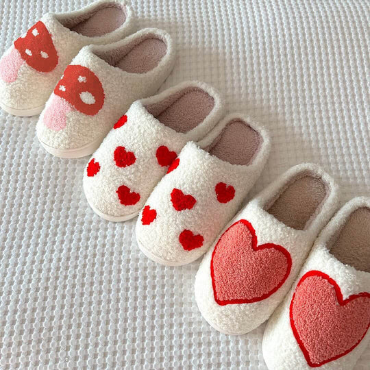 Warme Binnenschoenen | Pantoffels met Hartjes en Paddenstoelen Patroon