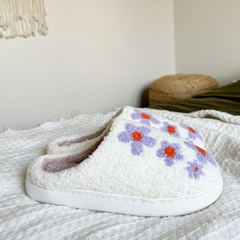 Paarse Bloemen Patroon Pantoffels | Warme Instap Binnen Huisschoenen