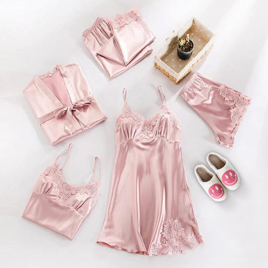 3-Delige Nachtkleding Stel in | Elegante Kanten Top, Korte Broek en Ochtendjas