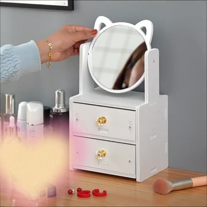 Schattige Kattenoor Make-up Spiegel met Opberglades | Tafelmodel Kaptafel Organisator