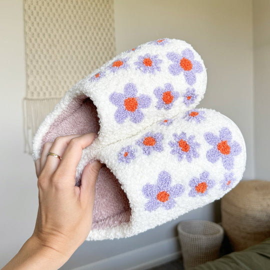 Paarse Bloemen Patroon Pantoffels | Warme Instap Binnen Huisschoenen