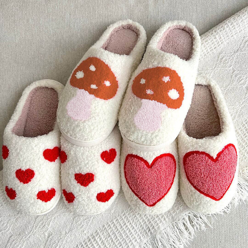 Warme Binnenschoenen | Pantoffels met Hartjes en Paddenstoelen Patroon