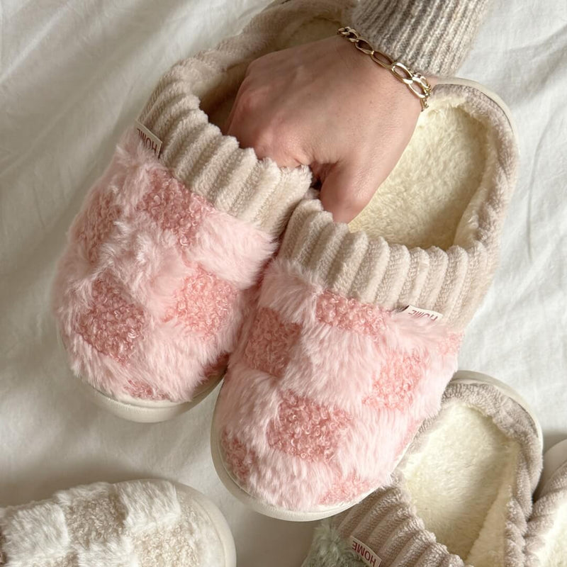 Warme Winter Pantoffels | Geruite Imitatiebont Huisschoenen