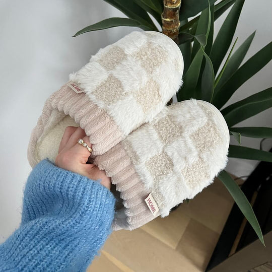 Warme Winter Pantoffels | Geruite Imitatiebont Huisschoenen