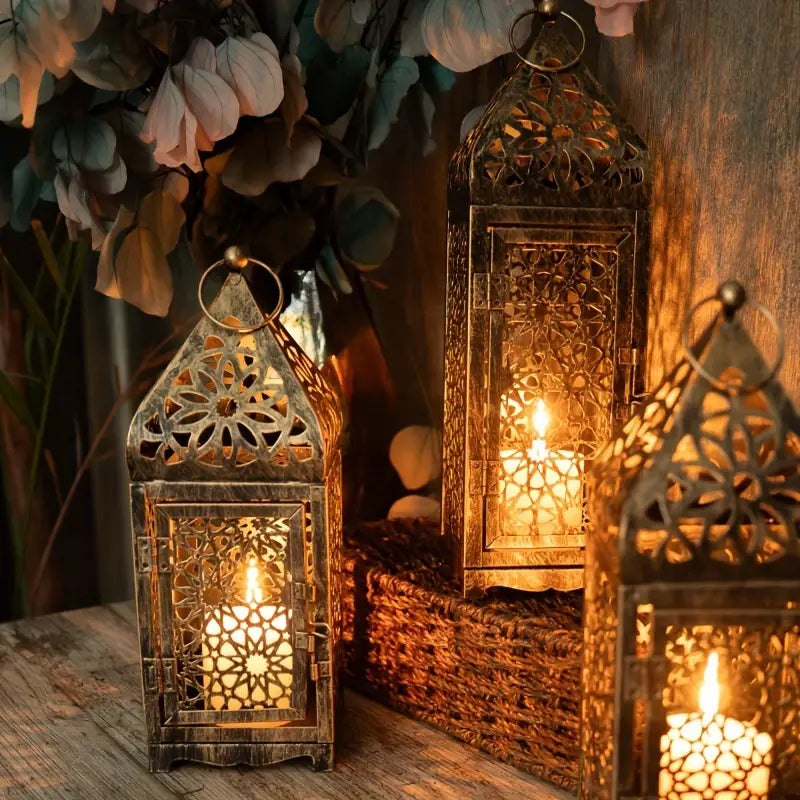 Lanternes métalliques marocaines lot de 2 | Bougeoirs à projection découpée pour table, fêtes et décoration intérieure