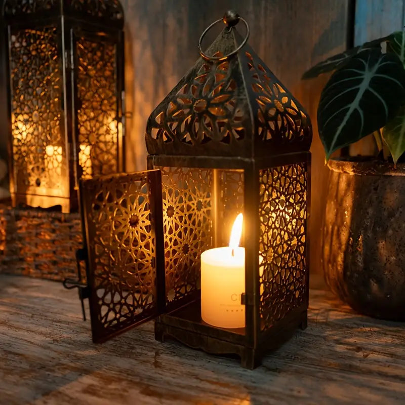 Lanternes métalliques marocaines lot de 2 | Bougeoirs à projection découpée pour table, fêtes et décoration intérieure